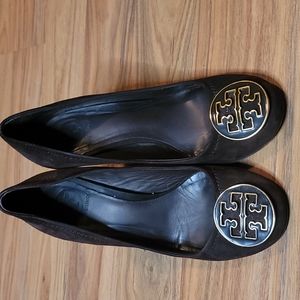 Tory Burch Black Suede Heels with Gold Logo Medallions